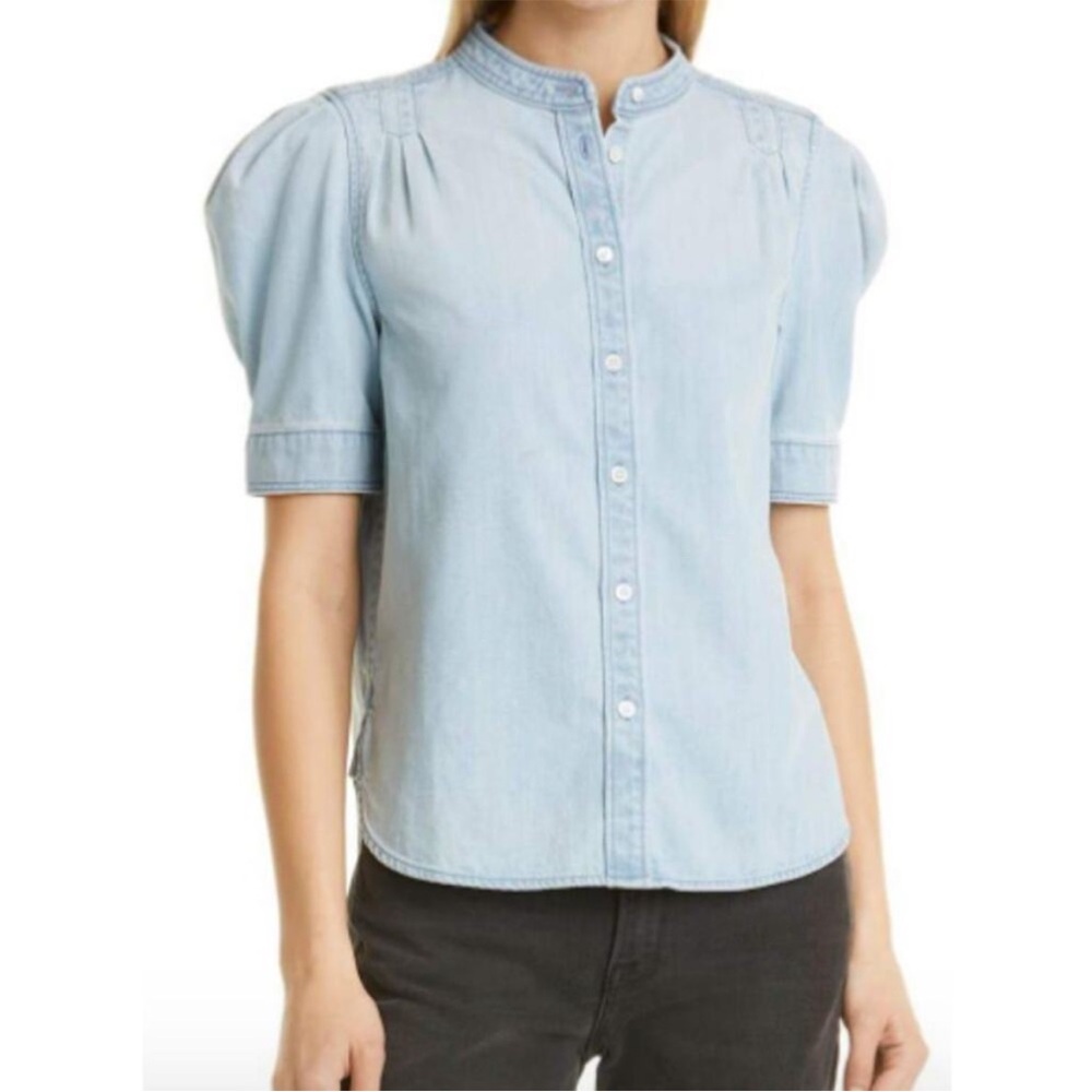 FRAME Charlie Puff Sleeve Denim Chambray Button-Up Top Blue Size Small P